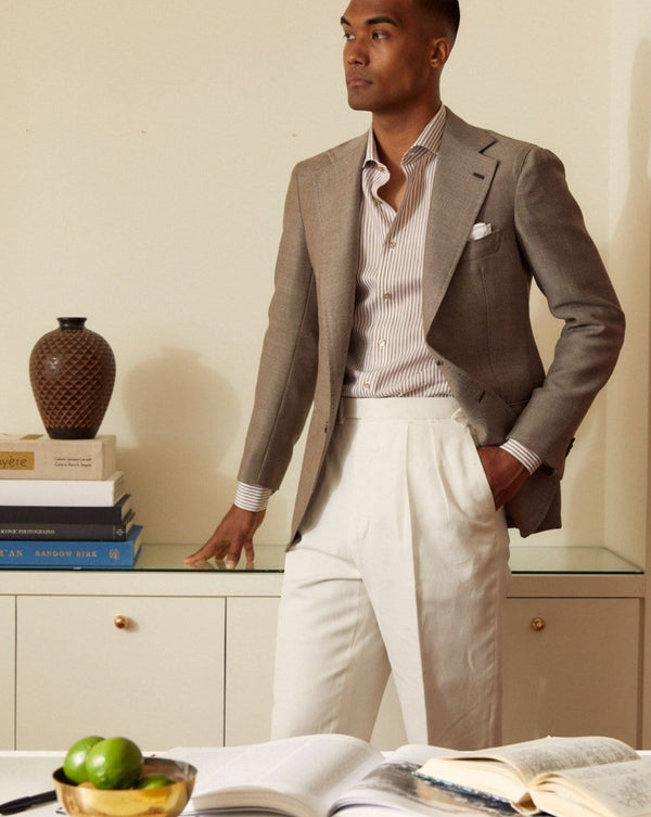 White Cotton & Linen-blend Double Pleat 'Shelby' Trousers