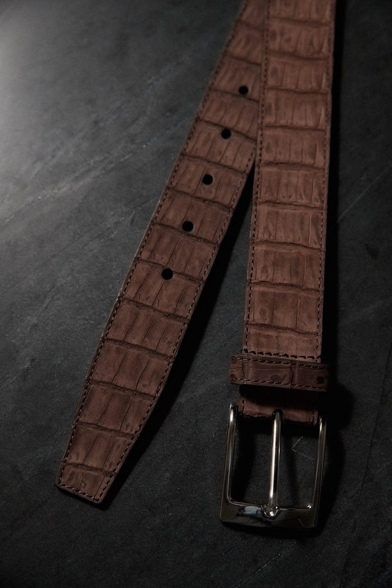 Bark Brown Genuine Nubuck Croc-leather Belt