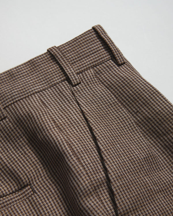 Brown Houndstooth Linen Pleated Trouser